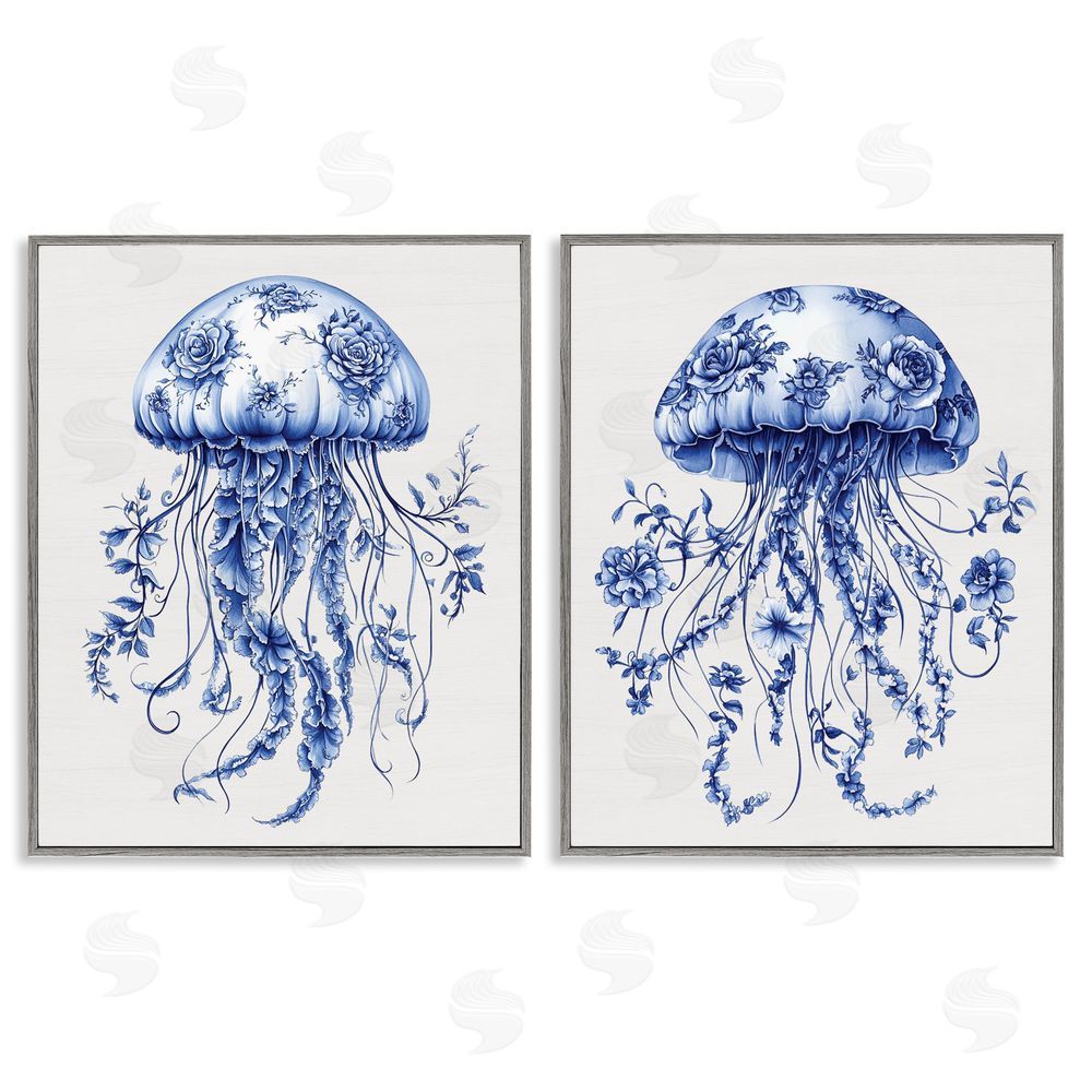 Lettered and Lined Funky Florals Toile Jellyfish Gray Framed Giclee Print Wall Art