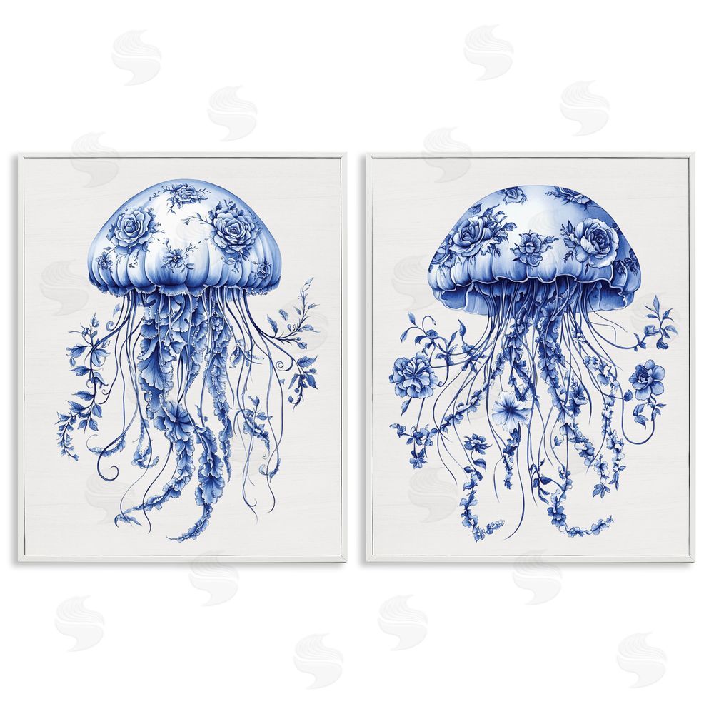 Lettered and Lined Funky Florals Toile Jellyfish White Framed Giclee Print Wall Art