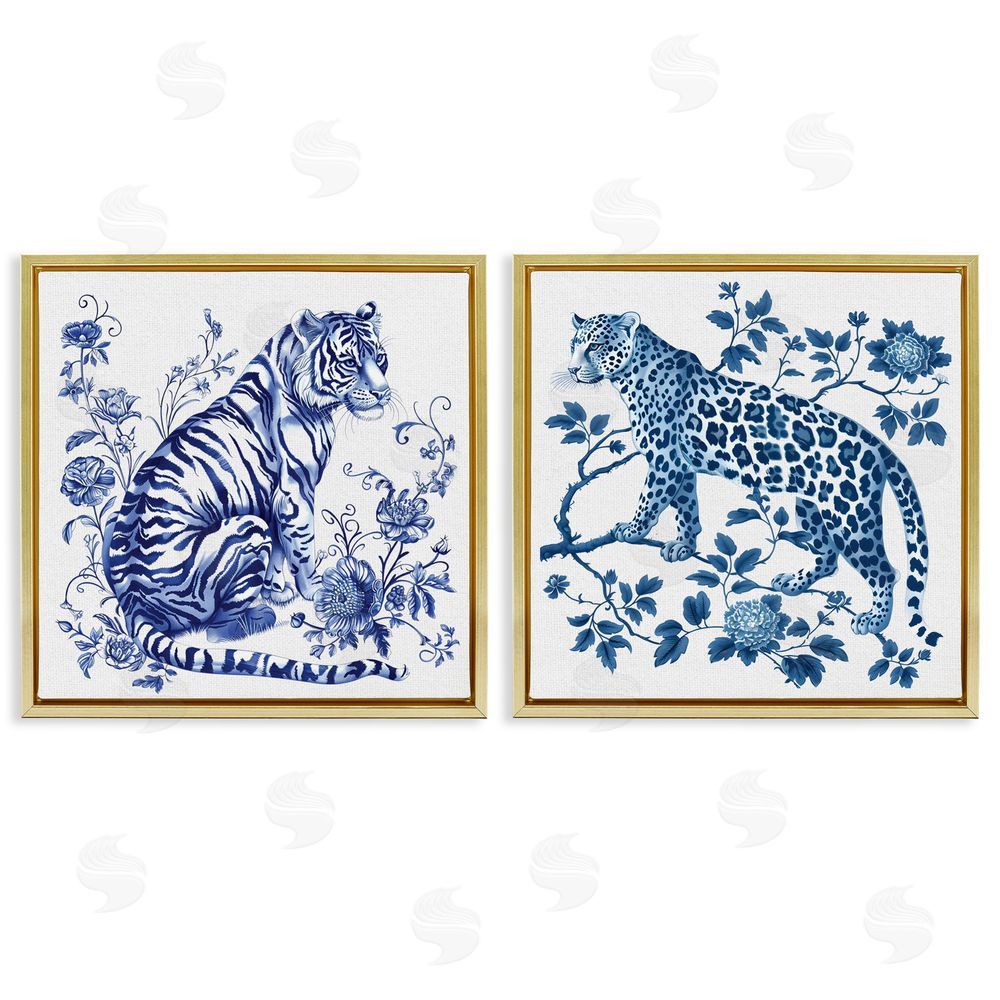 Lettered and Lined Ornate & Detailed Large Cats Gold Floating Frame Canvas Wall Art Print