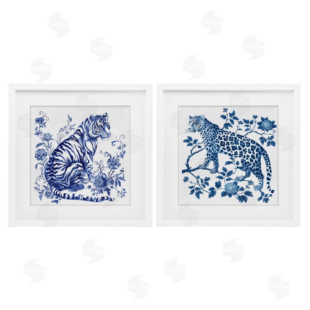 Lettered and Lined Ornate & Detailed Large Cats White Framed Print Under Glass Wall Art
