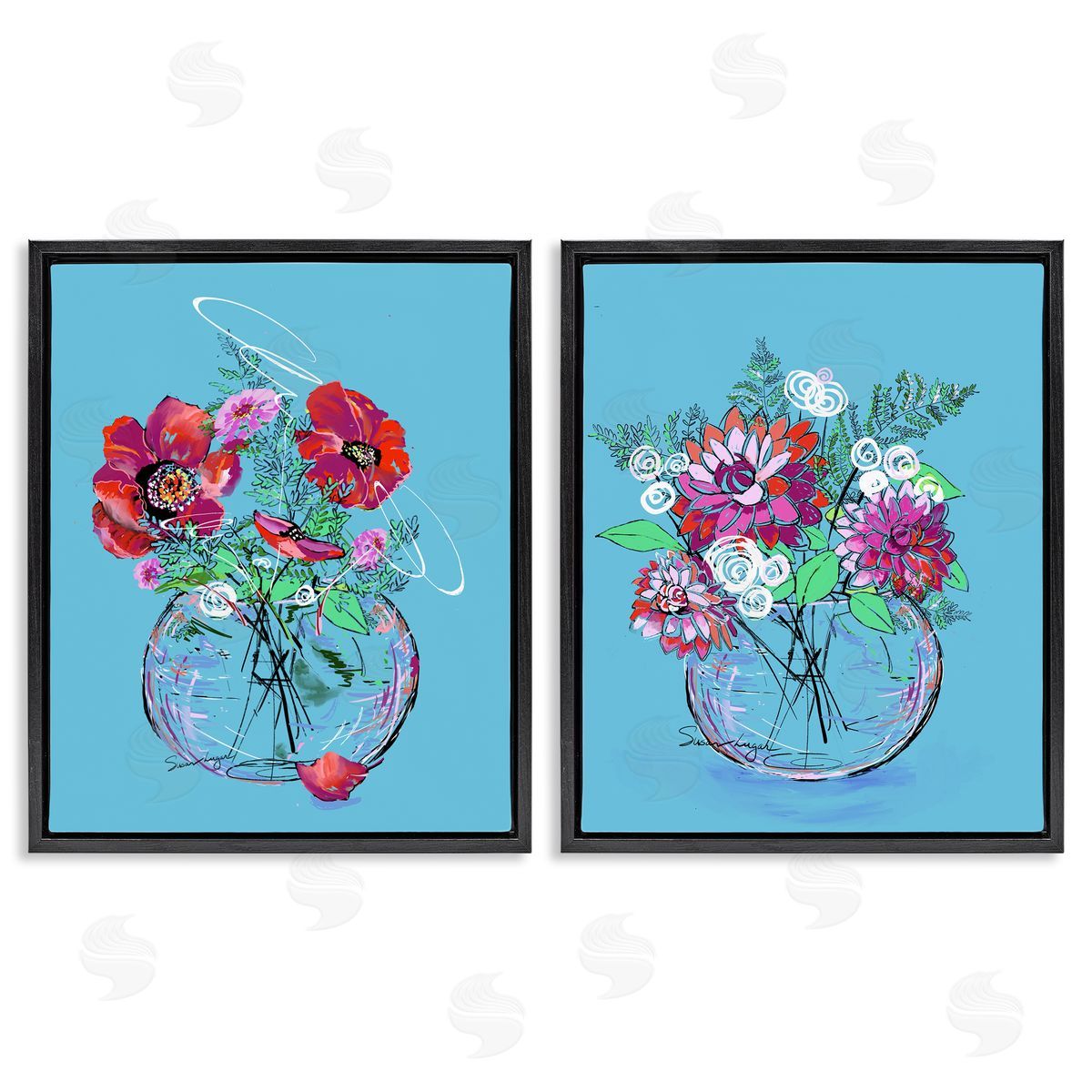 Susan Lugar Vivid Flower Vases on Blue Canvas Wall Art Print