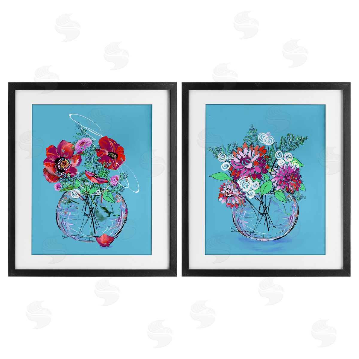 Susan Lugar Vivid Flower Vases on Blue Canvas Wall Art Print