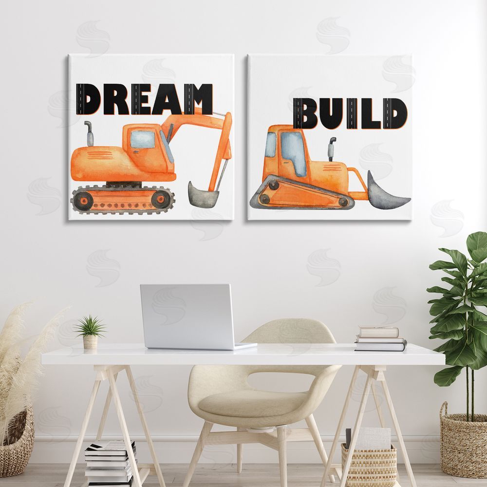 Kim Allen Build & Dream Construction Vehicles Stretched Canvas Wall Art Print in Room