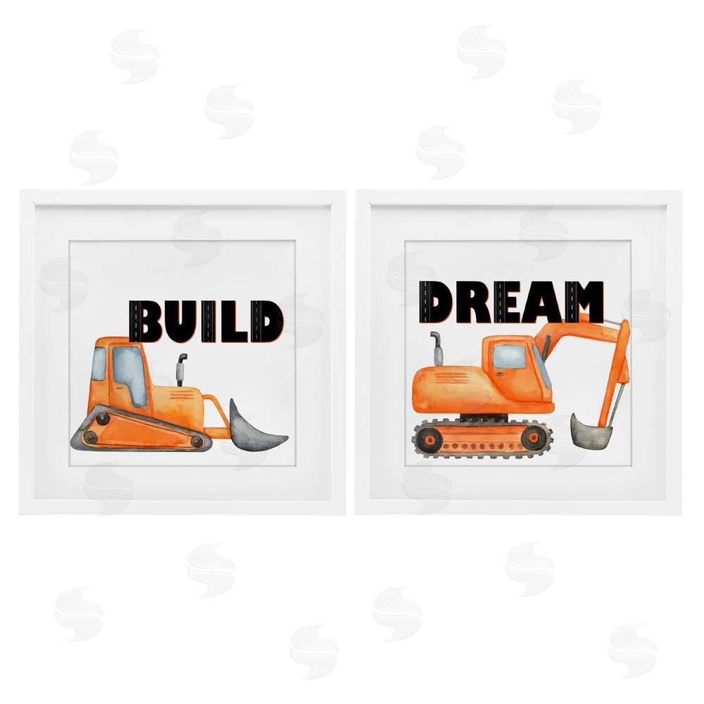 Kim Allen Build & Dream Construction Vehicles White Framed Print Under Glass Wall Art
