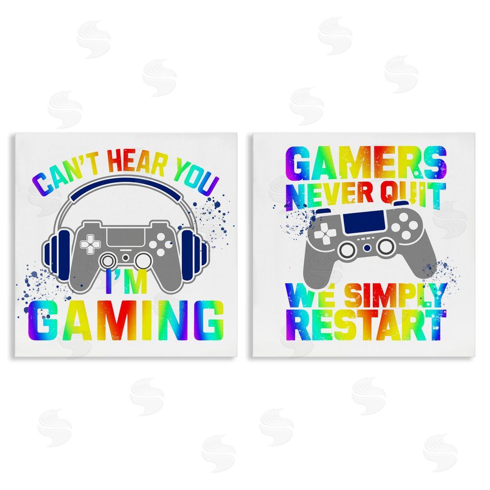 Kim Allen Rainbow Retro Gaming Phrases Stretched Canvas Wall Art Print