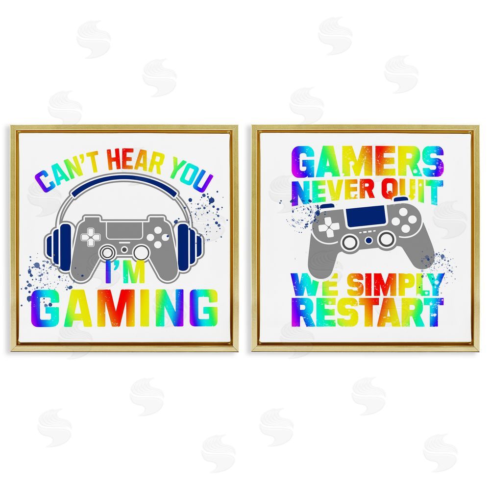 Kim Allen Rainbow Retro Gaming Phrases Gold Floating Frame Canvas Wall Art Print