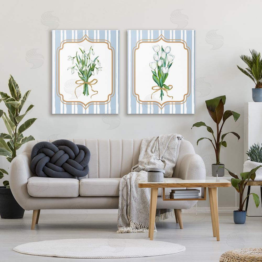 Adonna Ebrahimi White Flowers Classic Stripes Stretched Canvas Wall Art Print in Room