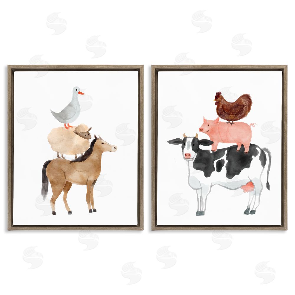 Kim Allen Whimsical Farm Life Stacks Brown Floating Frame Canvas Wall Art Print