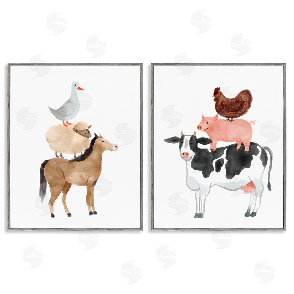 Kim Allen Whimsical Farm Life Stacks Gray Framed Giclee Wall Art Print