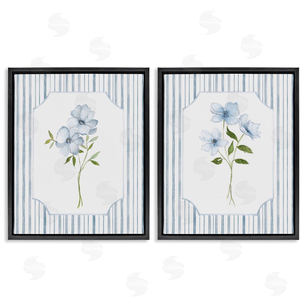Tava Studios Blue Blooms & Stripes  Black Floating Frame Canvas Wall Art Print
