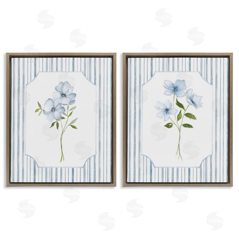 Tava Studios Blue Blooms & Stripes  Brown Floating Frame Canvas Wall Art Print