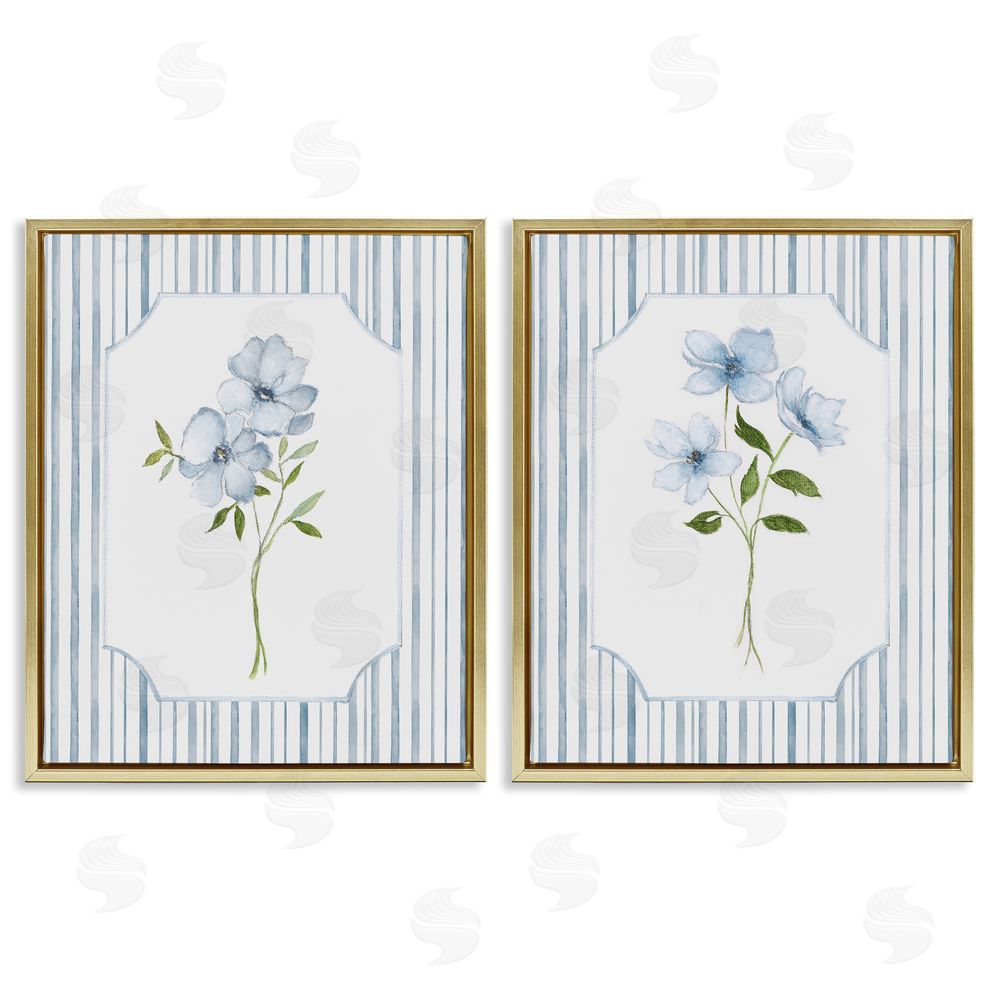 Tava Studios Blue Blooms & Stripes  Gold Floating Frame Canvas Wall Art Print