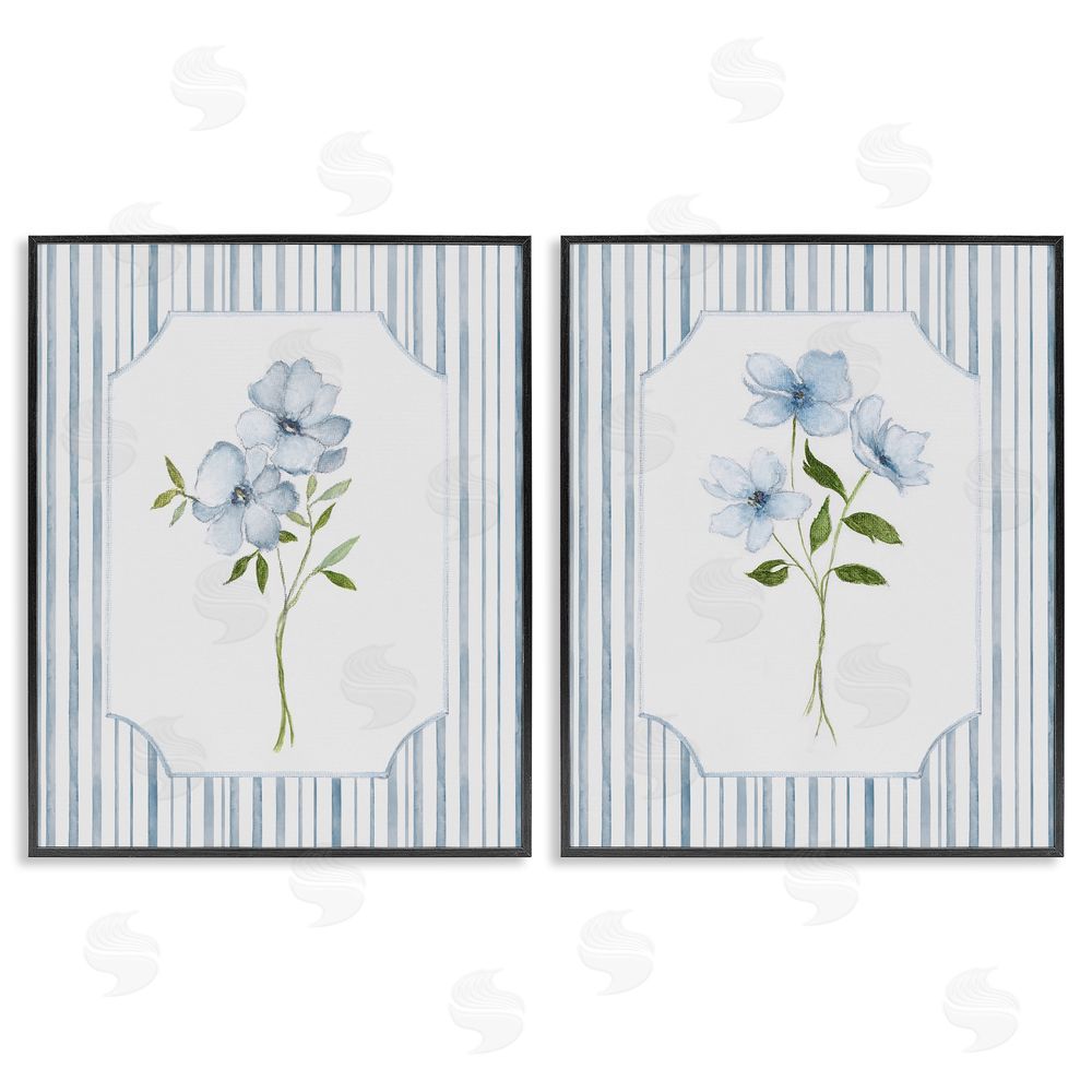 Tava Studios Blue Blooms & Stripes  Black Framed Giclee Wall Art Print
