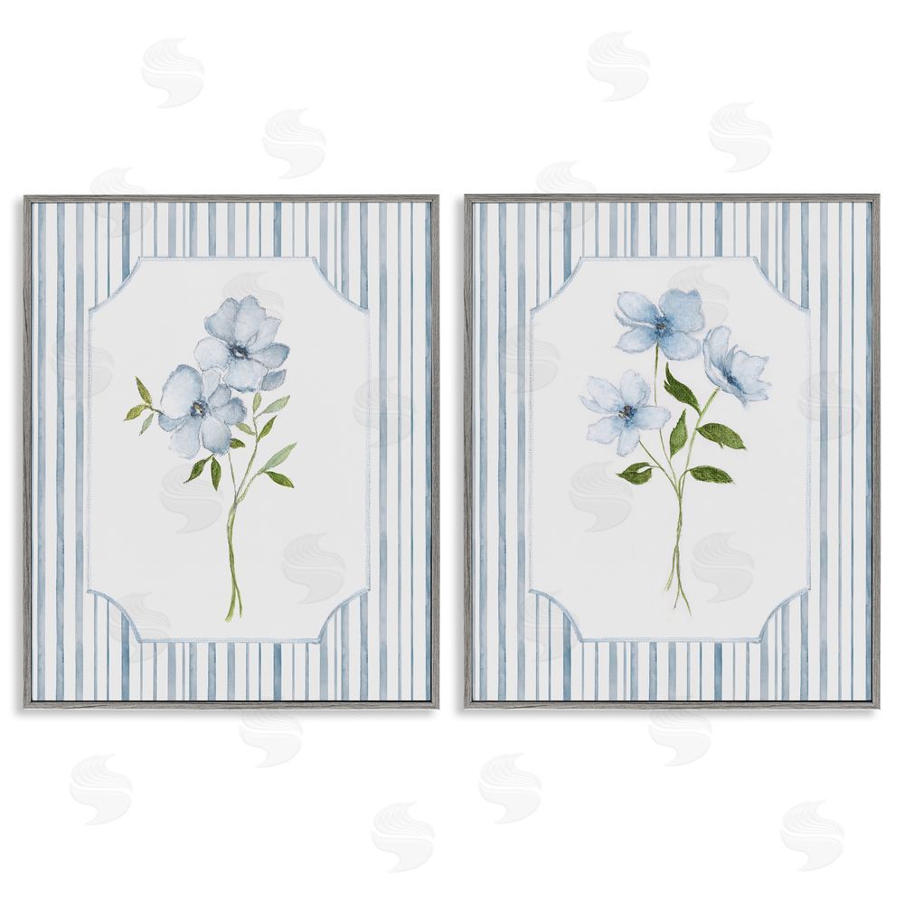 Tava Studios Blue Blooms & Stripes  Gray Framed Giclee Wall Art Print