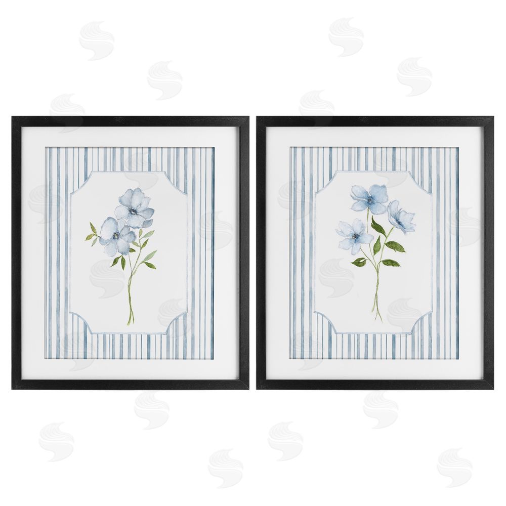 Tava Studios Blue Blooms & Stripes  Black Framed Print Under Glass Wall Art
