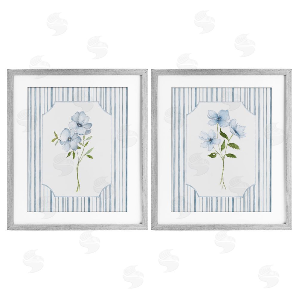 Tava Studios Blue Blooms & Stripes  Gray Framed Print Under Glass Wall Art