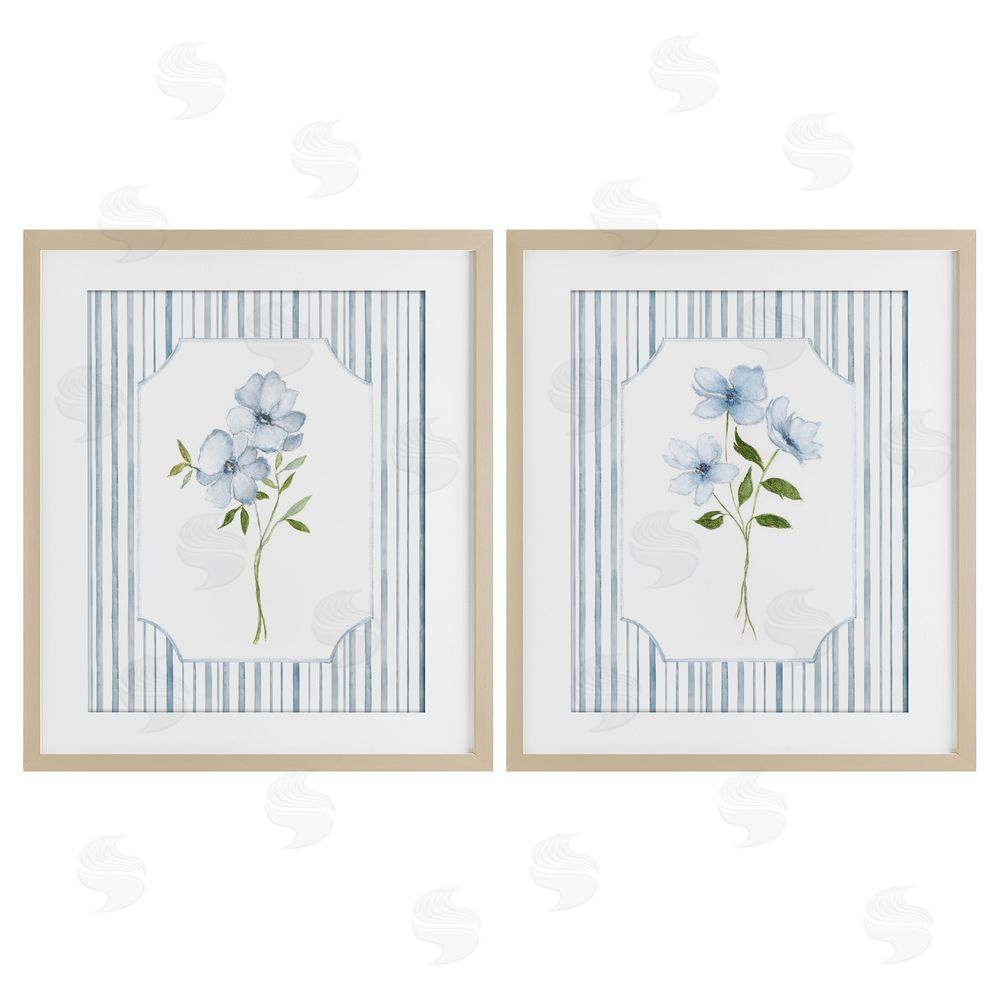 Tava Studios Blue Blooms & Stripes  Birch Framed Print Under Glass Wall Art