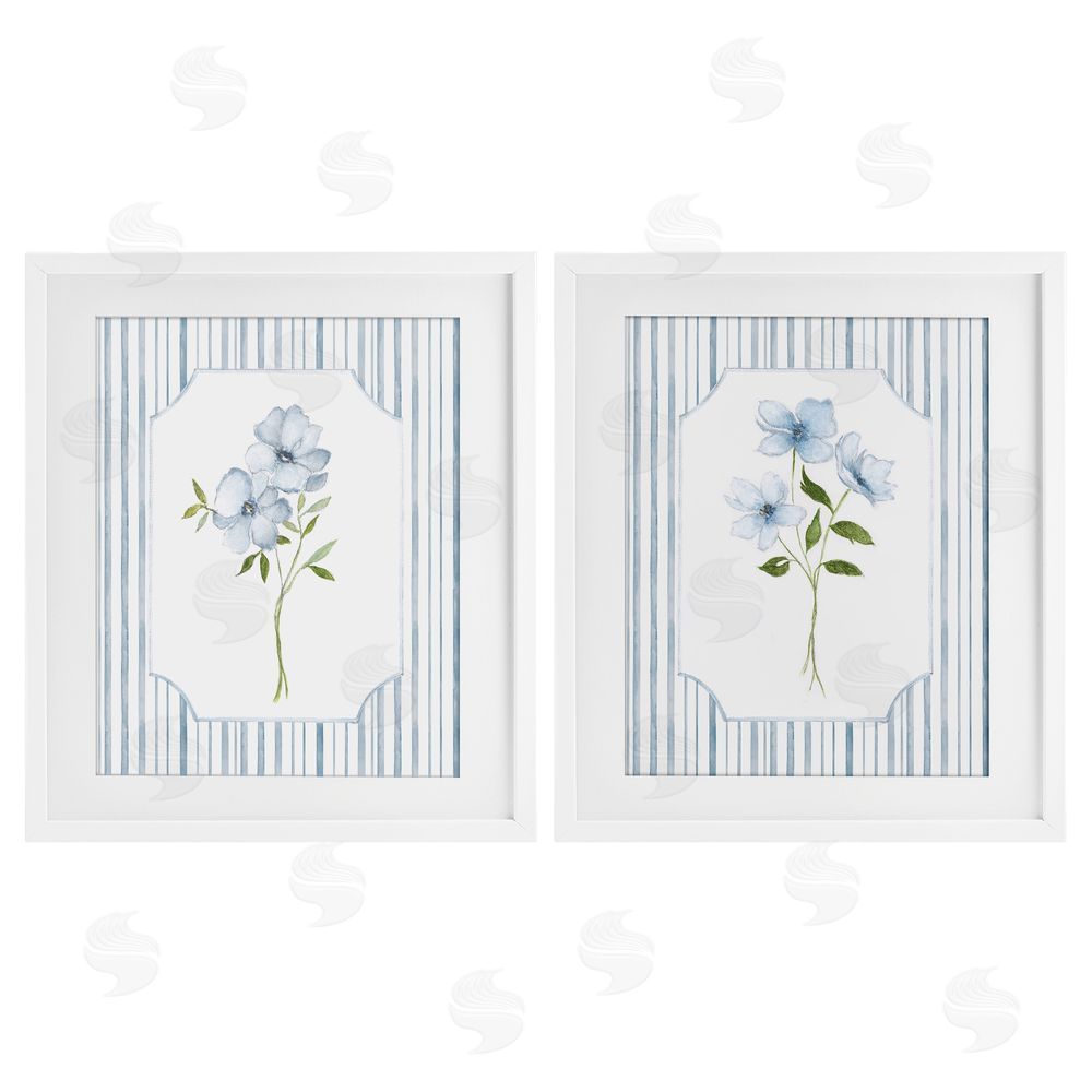 Tava Studios Blue Blooms & Stripes  White Framed Print Under Glass Wall Art