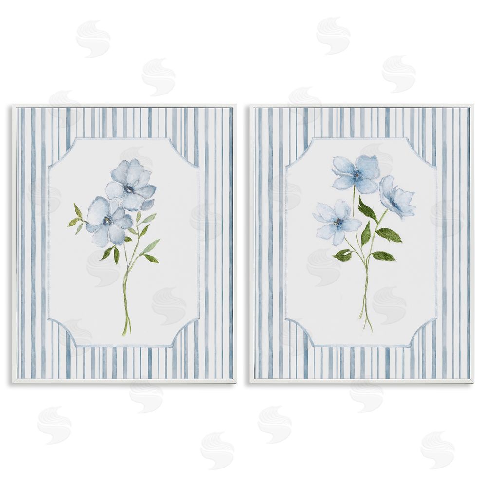 Tava Studios Blue Blooms & Stripes  White Framed Giclee Wall Art Print