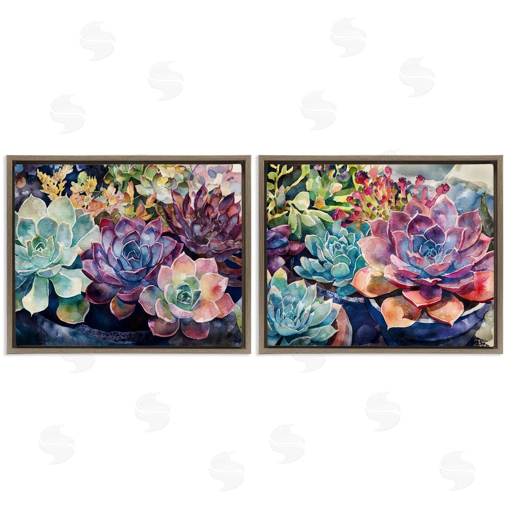Svetlana Aleynikova Sunny Watercolor Succulents Brown Floating Frame Canvas Wall Art Print