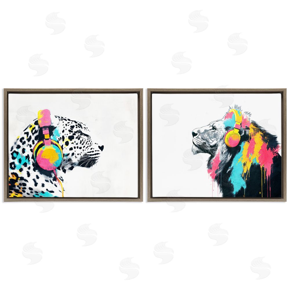 Svetlana Aleynikova Leopard and Lion On Air Brown Floating Frame Canvas Wall Art Print