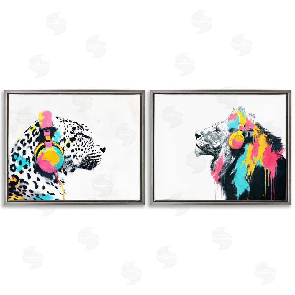 Svetlana Aleynikova Leopard and Lion On Air Gray Floating Frame Canvas Wall Art Print