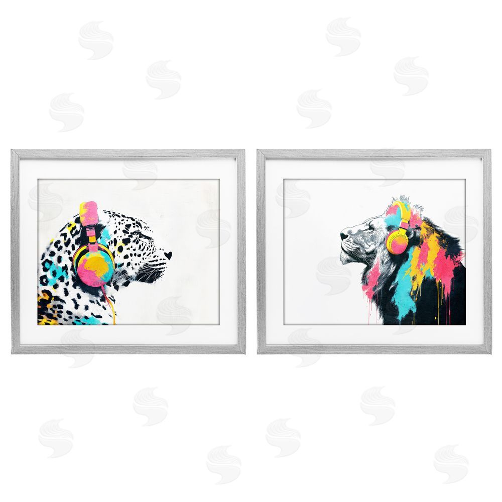 Svetlana Aleynikova Leopard and Lion On Air Gray Framed Print Under Glass Wall Art