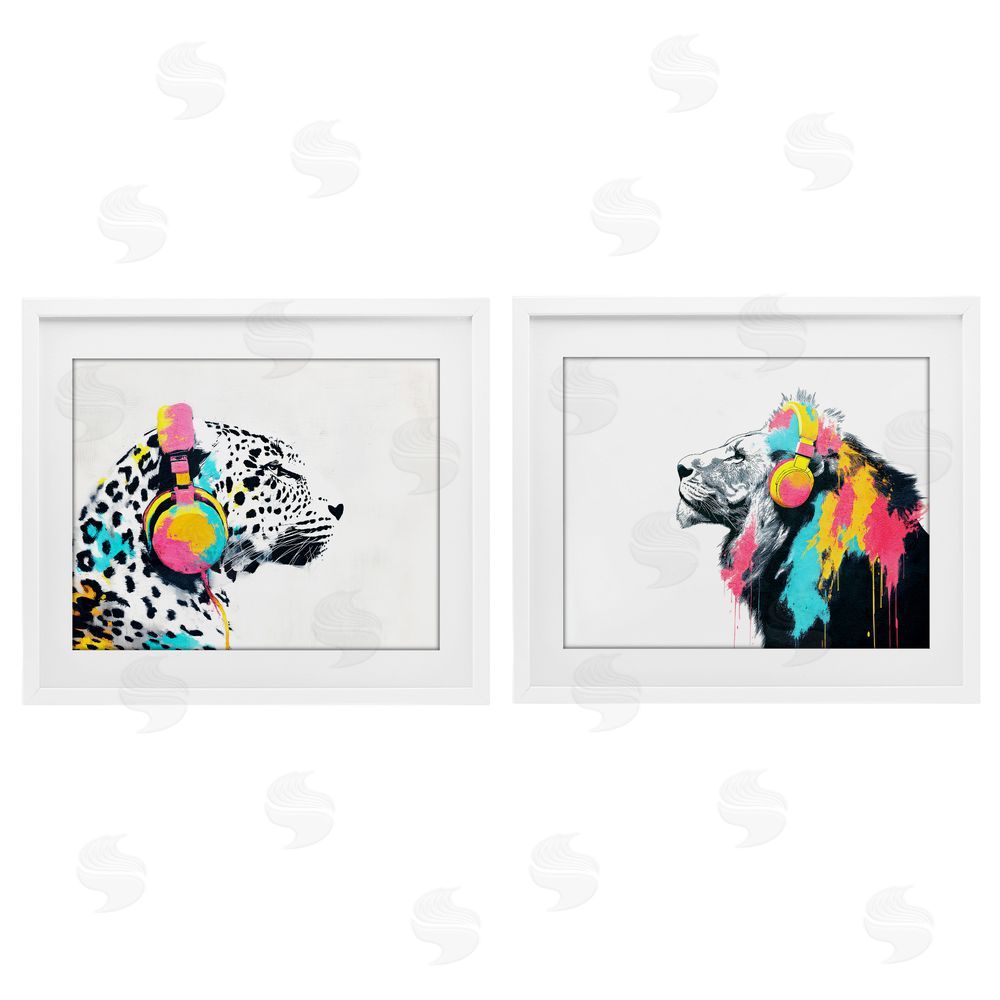 Svetlana Aleynikova Leopard and Lion On Air White Framed Print Under Glass Wall Art