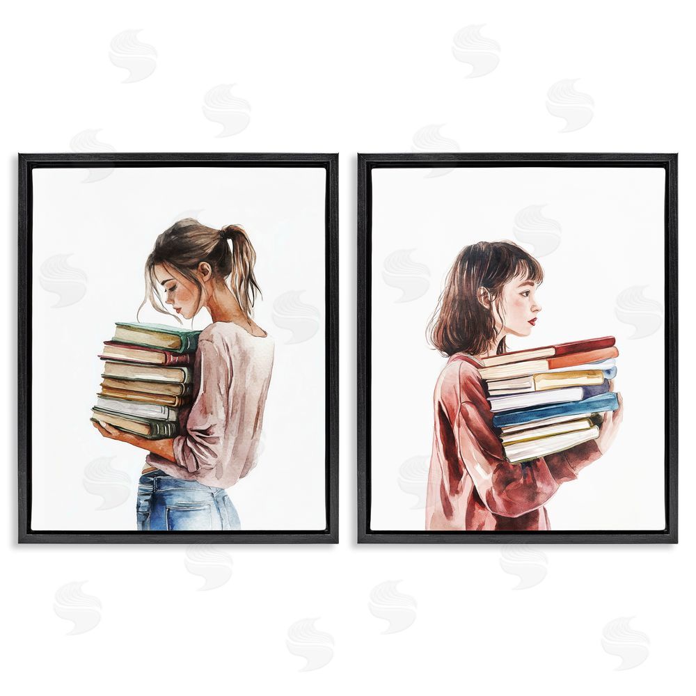 Svetlana Aleynikova Girls & Library Book Stacks Black Floating Frame Canvas Wall Art Print