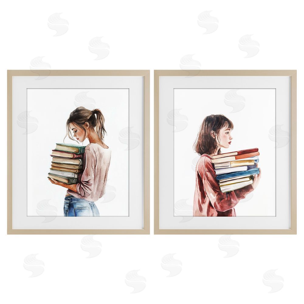 Svetlana Aleynikova Girls & Library Book Stacks Birch Framed Print Under Glass Wall Art