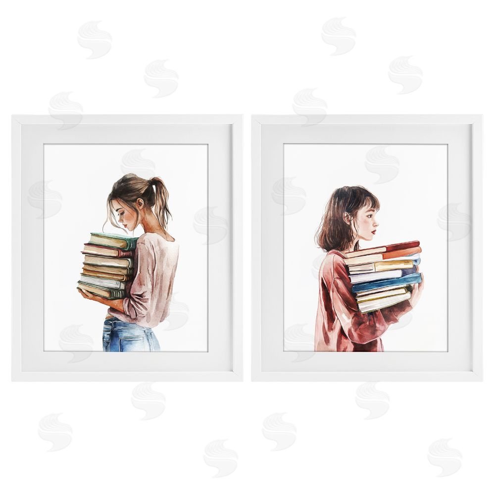 Svetlana Aleynikova Girls & Library Book Stacks White Framed Print Under Glass Wall Art