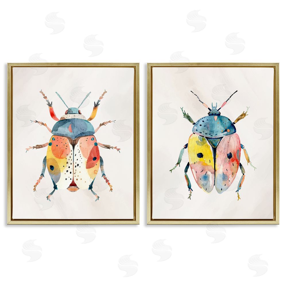 Kim Allen Colorful Boho Beetles Gold Floating Frame Canvas Wall Art Print