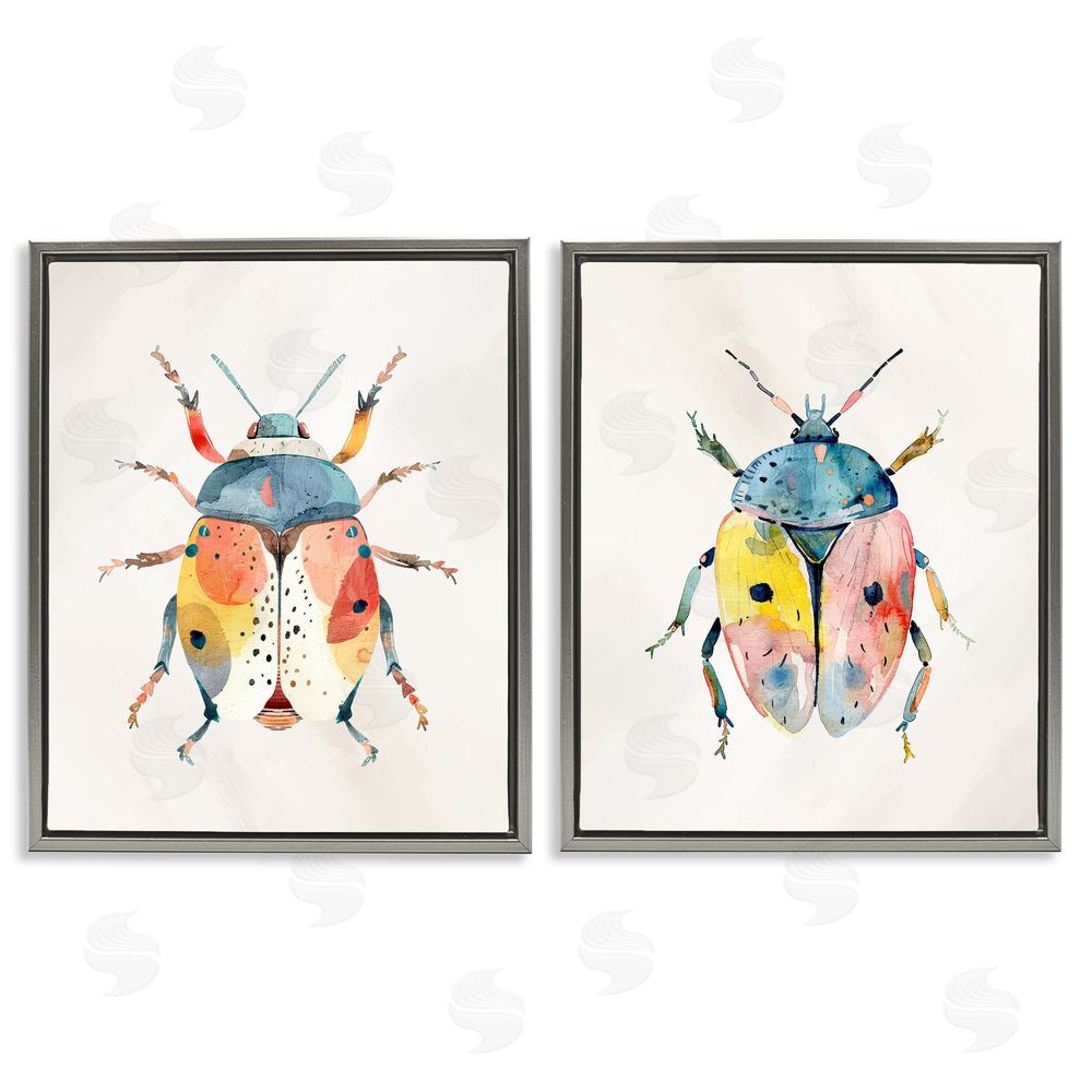 Kim Allen Colorful Boho Beetles Gray Floating Frame Canvas Wall Art Print