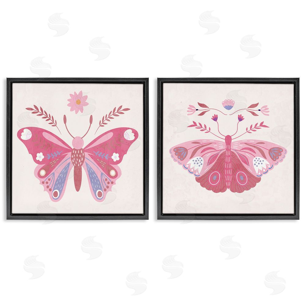 Kim Allen Pink Folk Butterflies Black Floating Frame Canvas Wall Art Print