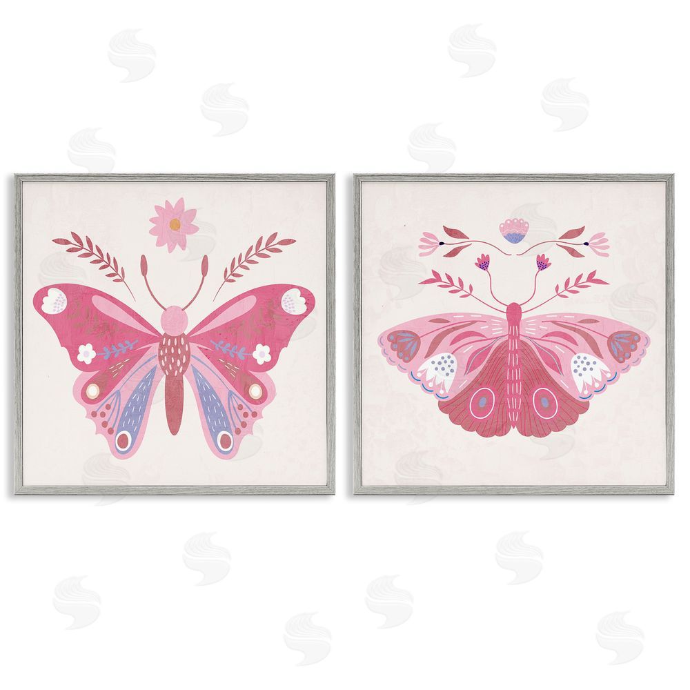 Kim Allen Pink Folk Butterflies Gray Framed Giclee Wall Art Print