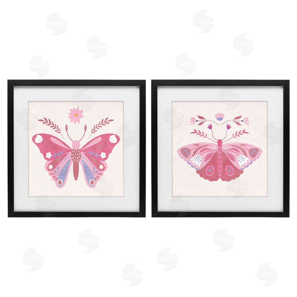 Kim Allen Pink Folk Butterflies Black Framed Print Under Glass Wall Art