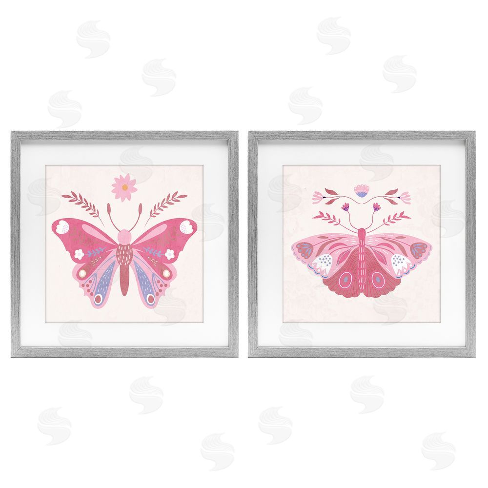 Kim Allen Pink Folk Butterflies Gray Framed Print Under Glass Wall Art