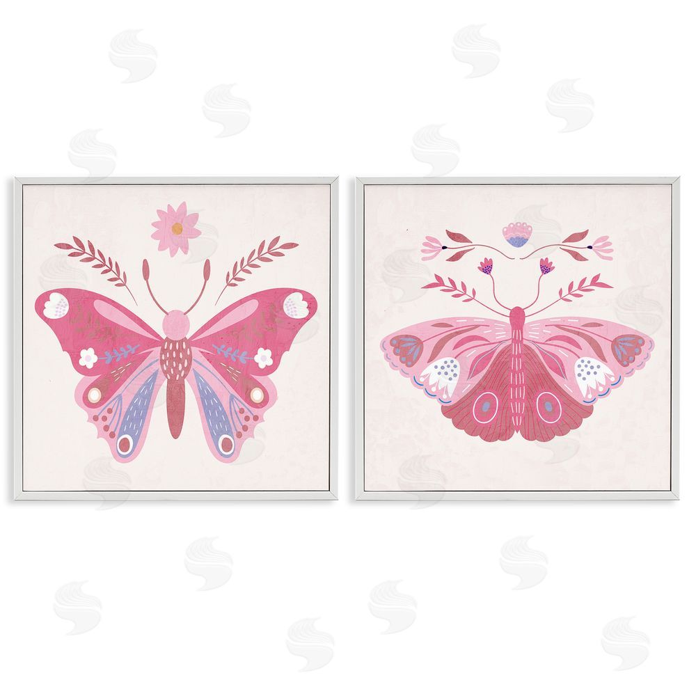 Kim Allen Pink Folk Butterflies White Framed Giclee Wall Art Print