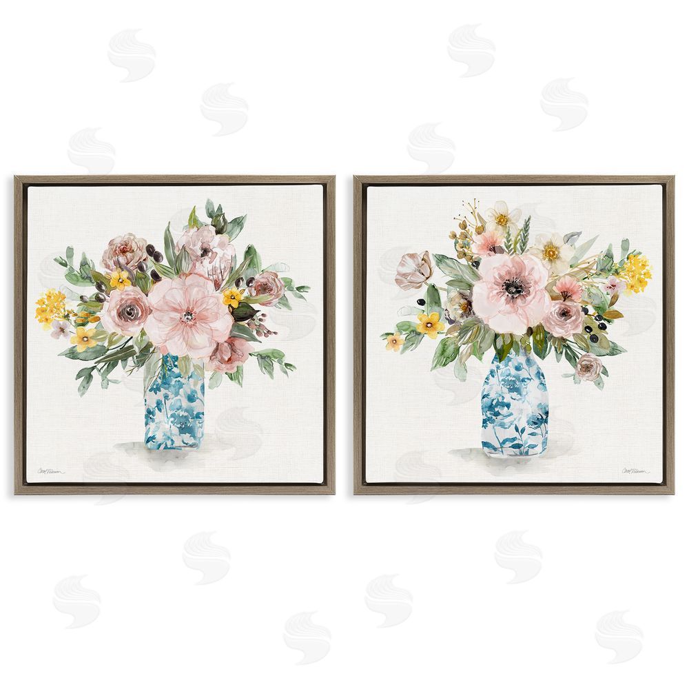 Carol Robinson Summer Chinoiserie Flowers Brown Floating Frame Canvas Wall Art Print