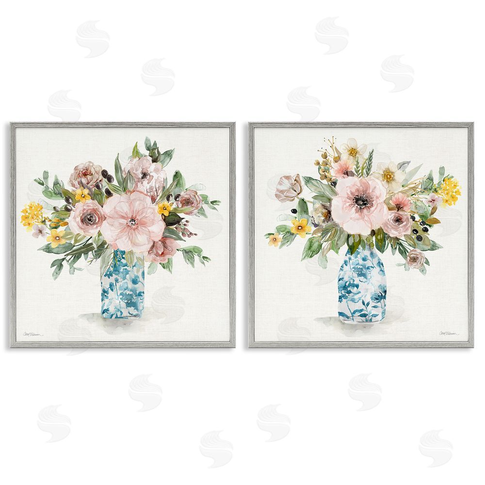 Carol Robinson Summer Chinoiserie Flowers Gray Framed Giclee Wall Art Print