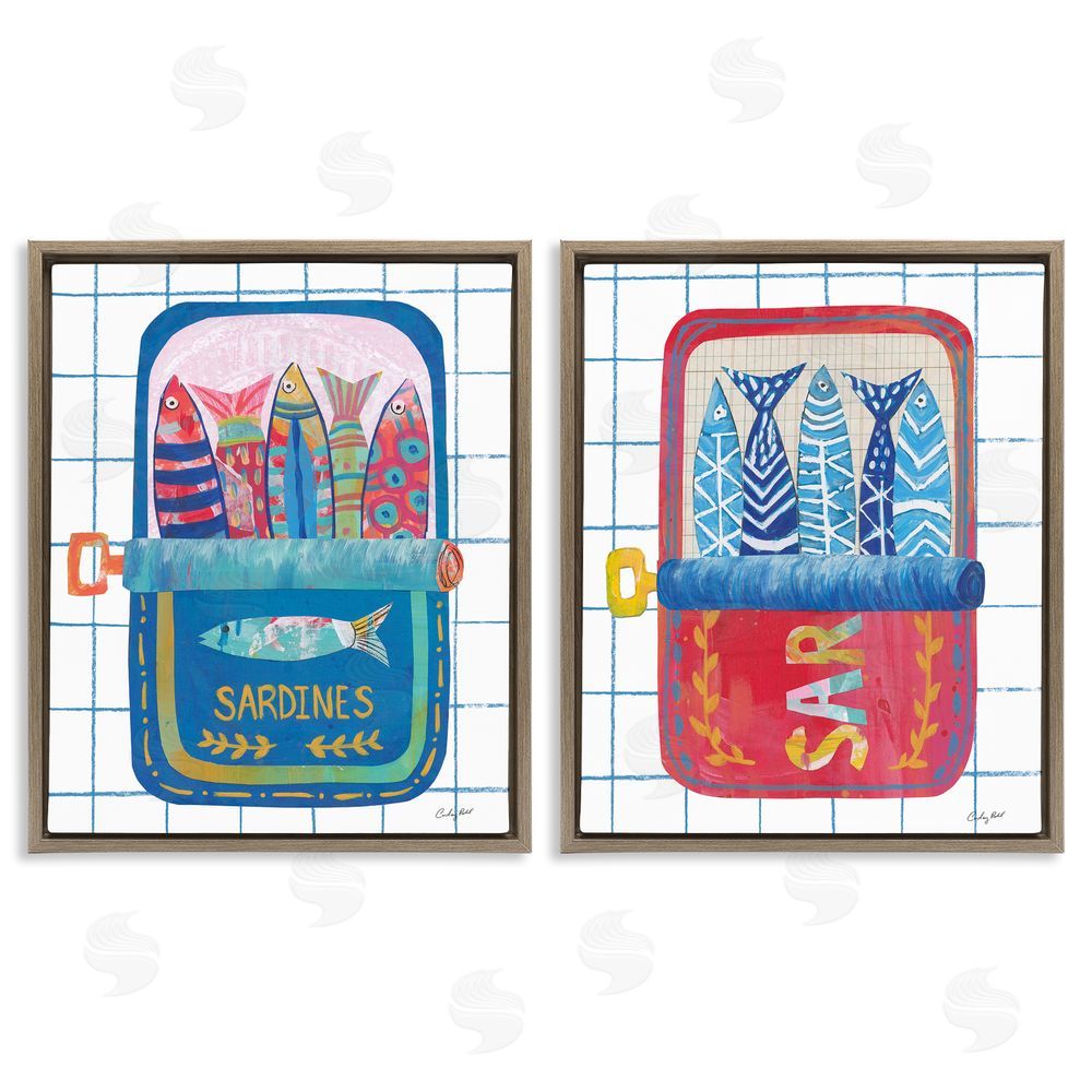 Courtney Prahl Whimsical Silly Sardines Brown Floating Frame Canvas Wall Art Print