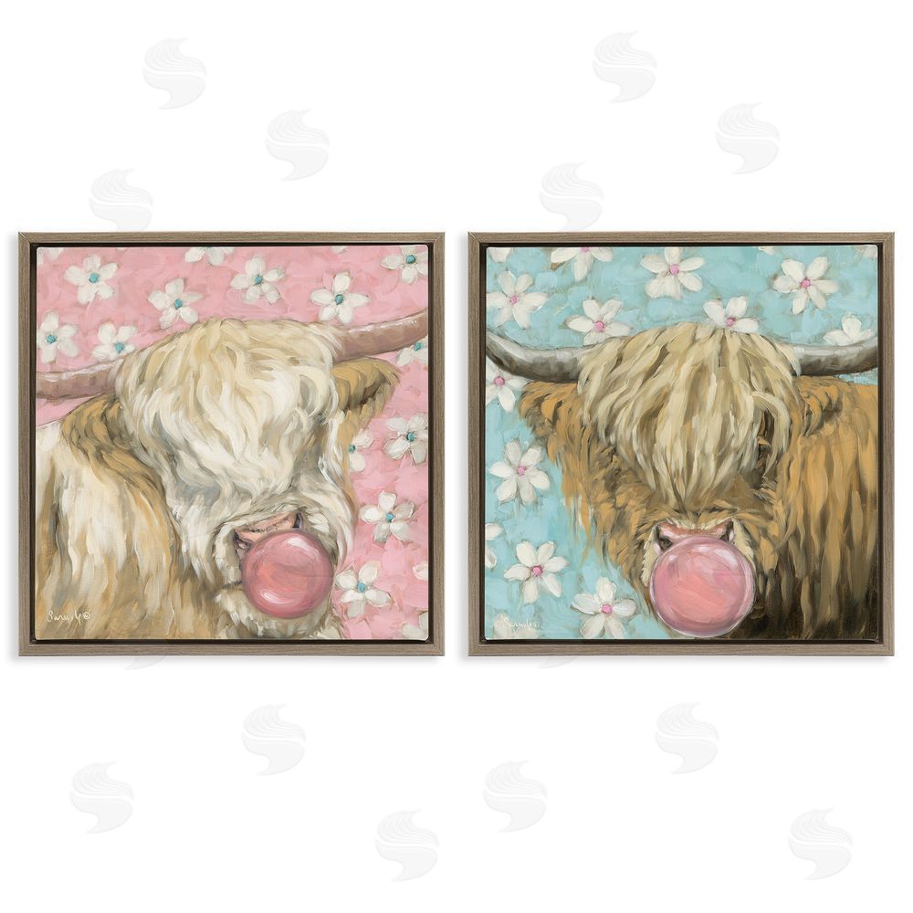 Sara G. Designs Cute Bubblegum Highland Cattles Brown Floating Frame Canvas Wall Art Print