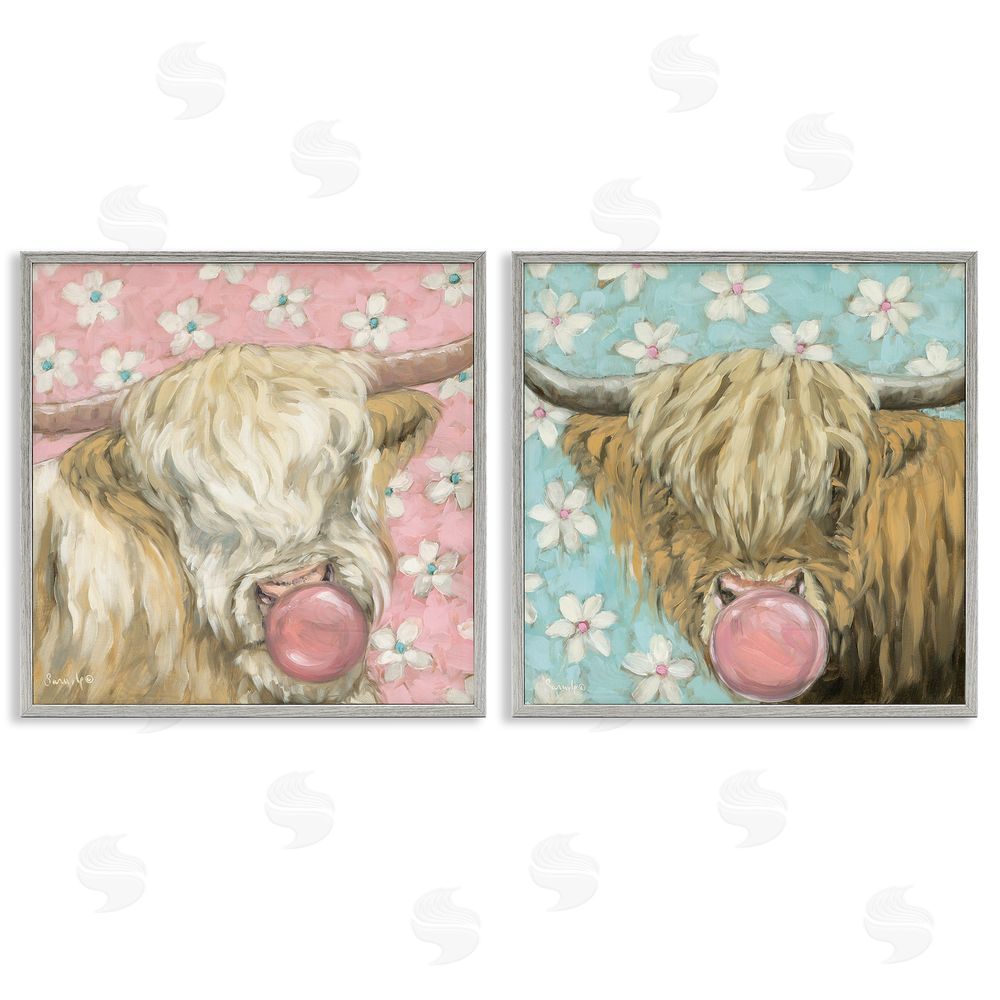 Sara G. Designs Cute Bubblegum Highland Cattles Gray Framed Giclee Wall Art Print