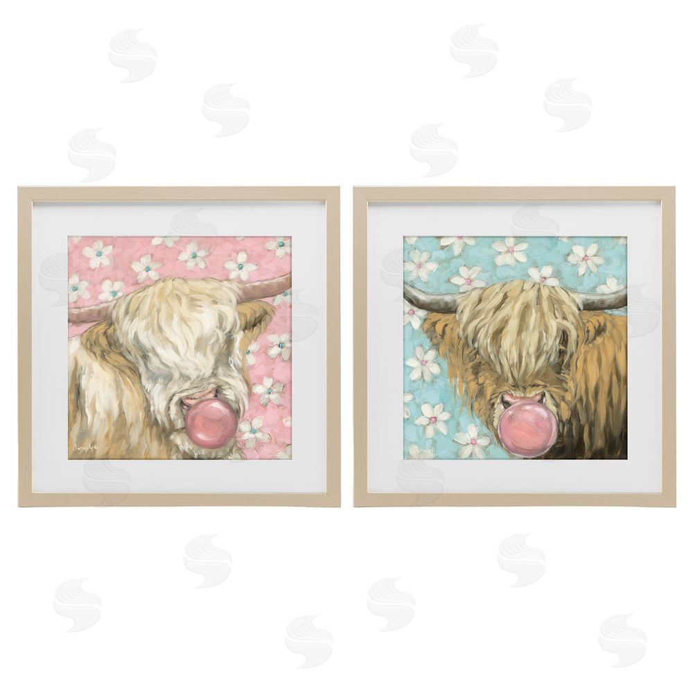 Sara G. Designs Cute Bubblegum Highland Cattles Birch Framed Print Under Glass Wall Art