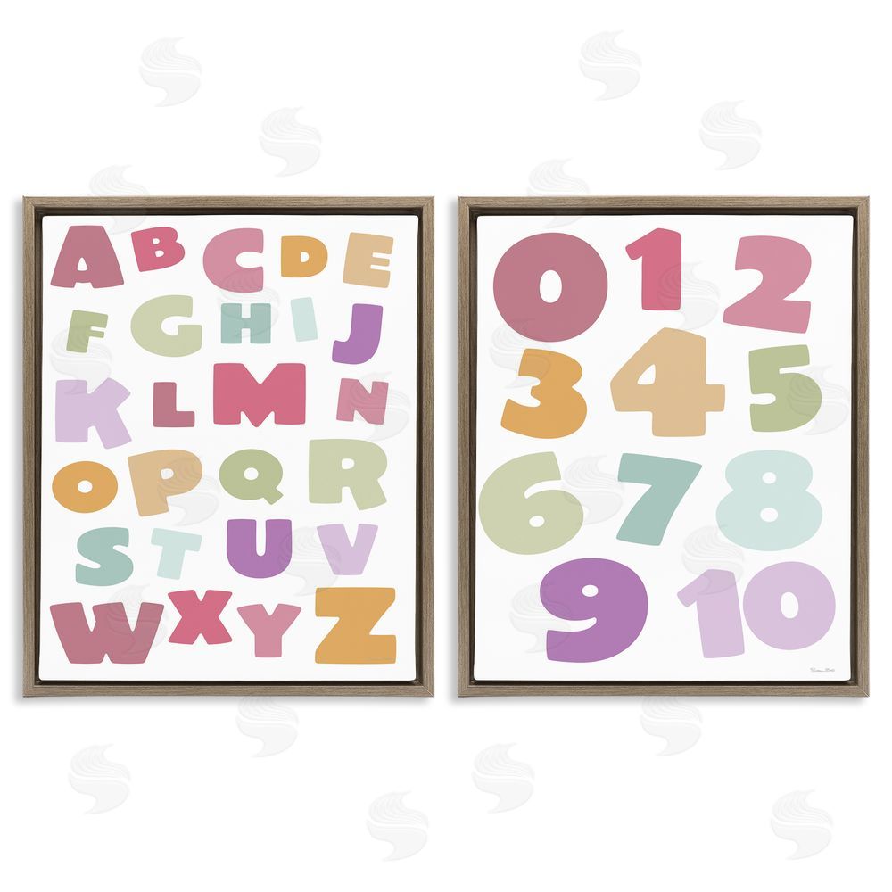 Susan Ball Muted Letters & Numbers Educational Brown Floating Frame Canvas Wall Art Print