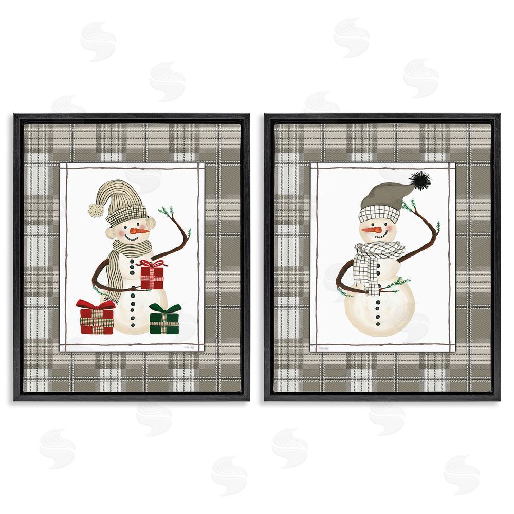 Cindy Jacobs Cozy Snowmen on Plaid Black Floating Frame Canvas Wall Art Set