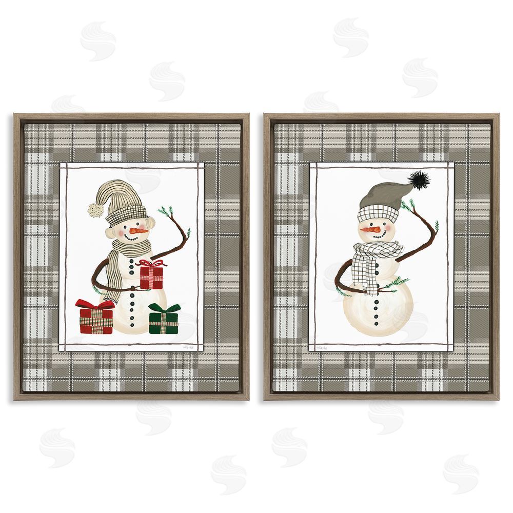 Cindy Jacobs Cozy Snowmen on Plaid Brown Floating Frame Canvas Art Set