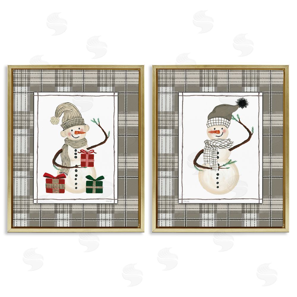 Cindy Jacobs Cozy Snowmen on Plaid Gold Floating Frame Canvas Art Set