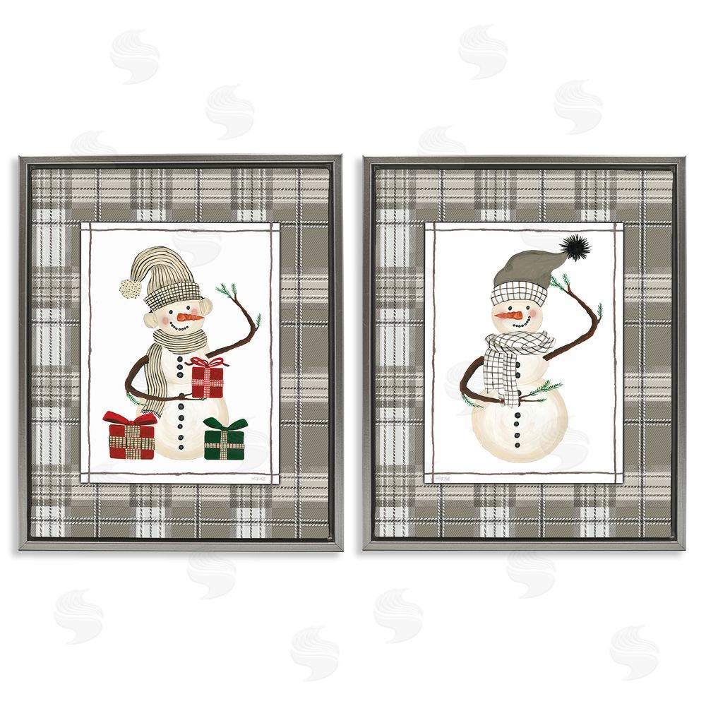 Cindy Jacobs Cozy Snowmen on Plaid Gray Floating Frame Canvas Art Set