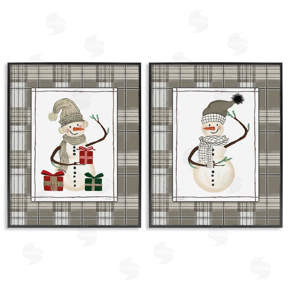 Cindy Jacobs Cozy Snowmen on Plaid Black Framed Giclee Art Set